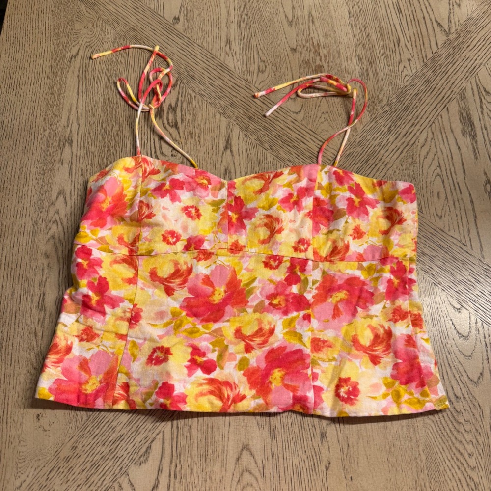 Old Navy Floral Linen Blend Tie Strap Camisole Tank Top Pink Yellow Orange Large